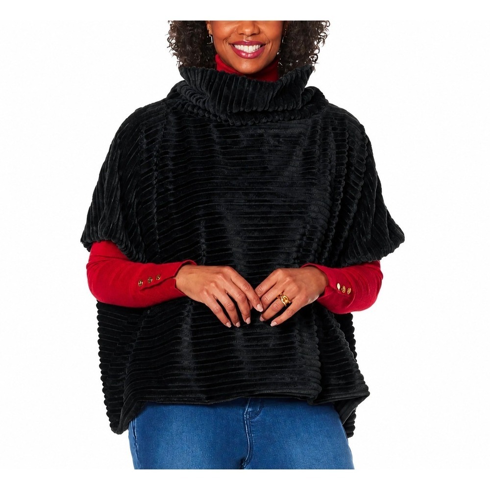 IMAN Global Chic Textured Faux Fur Cowl-Neck Poncho Cape Black Women's XL NEW